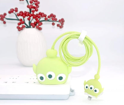 3D Cute Cartoon Charger Protector Case - Compatible for Apple 20W USB-C Power Adapter and Lightning Cable, No.04(4in1)