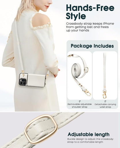 OCASE Compatible with iPhone 16 Pro Max Crossbody Wallet Case with Card Holder, PU Leather Zipper Handbag Phone Purse with RFID Blocking Kickstand Wrist Strap Lanyard 6.9 Inch, Cream