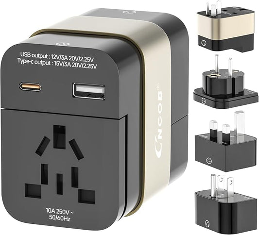 Universal Travel Adapter 45W, GaN Fast Wall Charger Outlets with PD 3.0 USB-C & USB-A Ports, Surge Protected Worldwide Plug Adaptor for US to European China UK Italy Ireland, Type A B C E F G I