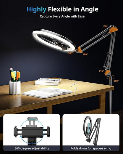 UBeesize 12" Ring Light Tripod for iPhone with Overhead Phone Mount, 75" Tall Ring Lights with Stand and Camera Mounts for Photography/Live Streaming/TikTok/YouTube Content Creation