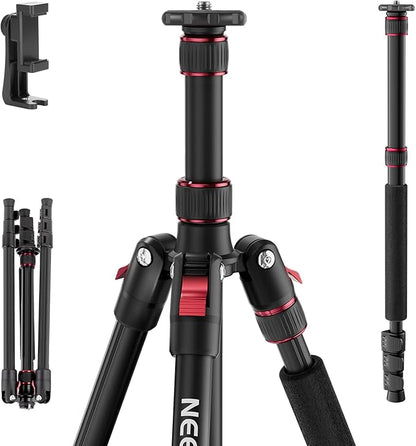 NEEWER Basics TP15 Camera Tripod Monopod, 68" Metal Heavy Duty Portable Travel DSLR Cell Phone Stand with Cellphone Holder Mount Compatible with iPhone Filming Video Recording, Ball Head Not Included