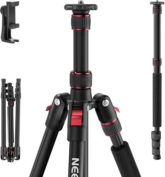 NEEWER Basics TP15 Camera Tripod Monopod, 68" Metal Heavy Duty Portable Travel DSLR Cell Phone Stand with Cellphone Holder Mount Compatible with iPhone Filming Video Recording, Ball Head Not Included