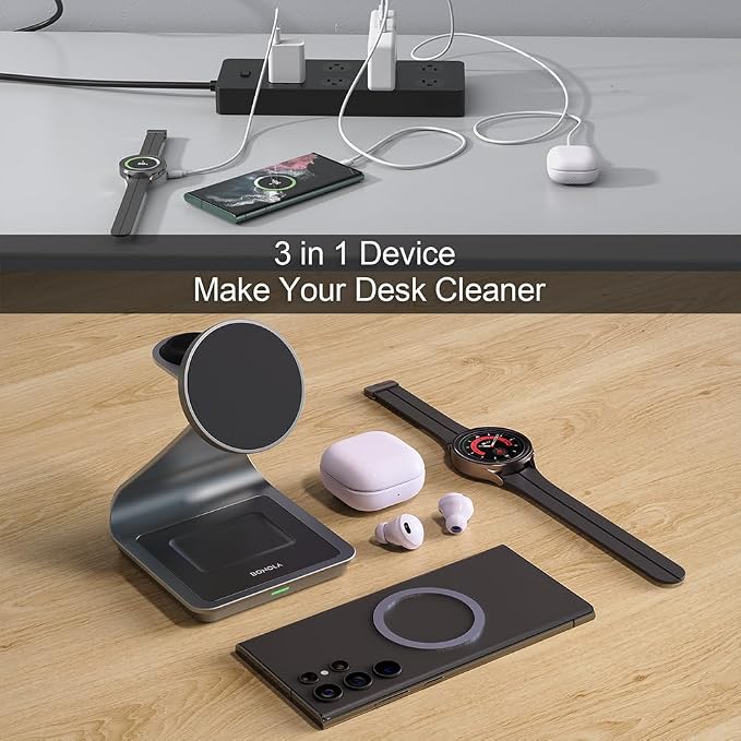 Wireless Charger for Samsung: Magnetic 3 in 1 Wireless Charging Station for Samsung S26 S25 S24 Ultra S23 S22, Aluminum Alloy Charger Dock Stand for Galaxy Watch Ultra 8/7/6/5/4, for Buds