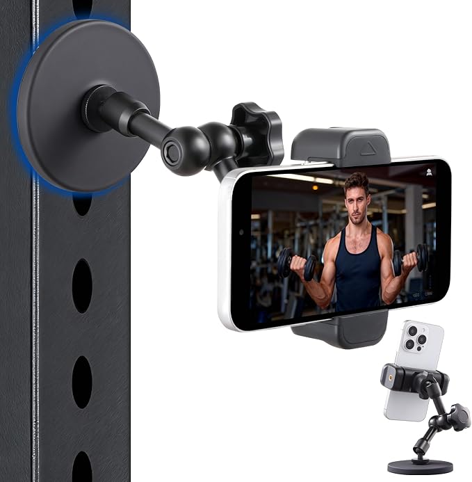 SH Magnetic Phone Holder for Gym, Portable Magnetic Phone Mount with Super Strong Magnetic Base, 360° Adjustable Metal Arm for Car Tractor Boat, Compatible with iPhone and All 4-7 Inch Smartphones
