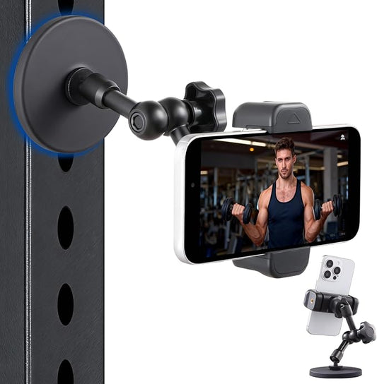 SH Magnetic Phone Holder for Gym, Portable Magnetic Phone Mount with Super Strong Magnetic Base, 360° Adjustable Metal Arm for Car Tractor Boat, Compatible with iPhone and All 4-7 Inch Smartphones