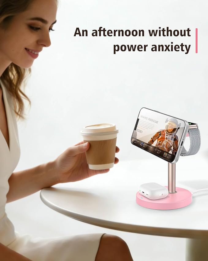3 in 1 Magnetic Wireless Charging Station, 15W Fast Charger Stand for iPhone, Phone Charger Stand for Desk Nightstand, for iPhone 17/16/15/14/13/12, Apple Watch & AirPods, Adapter Not Included -Pink