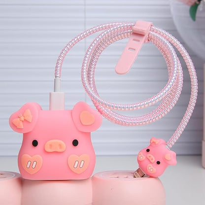 Compatible with Apple 20W/18W USB-C Adapter Charger, 3D Cartoon Protective Case for iPhone 20W USB-C Power Adapter Charger Fast Lightning Cable Cable Cover (Bowknot Pig)