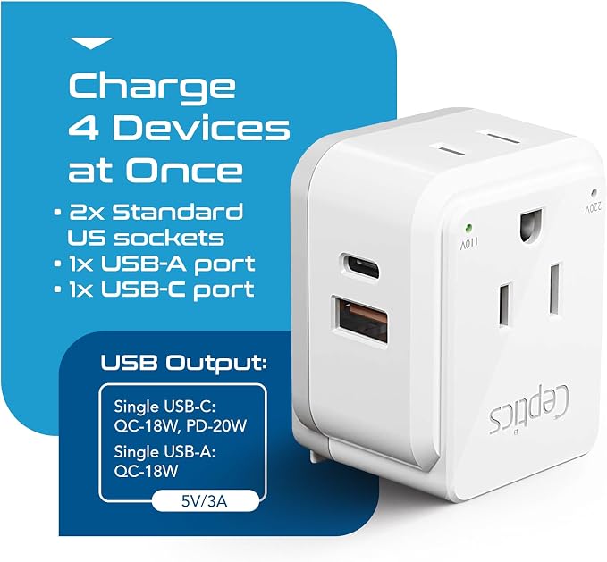 Ceptics 20W European Travel Plug Adapter, 2 USA Outlets, USB-C & USB-A | European Plug Adapter, Type C, E/F, G SWadAPt Attachments, PD & QC USB ports, European Adapter for Germany, France, Italy, UK
