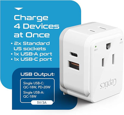 Ceptics 20W European Travel Plug Adapter, 2 USA Outlets, USB-C & USB-A | European Plug Adapter, Type C, E/F, G SWadAPt Attachments, PD & QC USB ports, European Adapter for Germany, France, Italy, UK