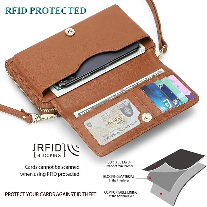 Peacocktion Crossbody Bags for Women RFID Wristlet Wallets Travel Vegan Leather Small Clutch Purses with Phone Pocket Zipper