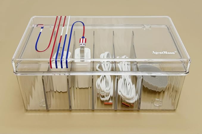 AgentMoon Clear Acrylic Cable Organizer Box with Lid, 6 Storage Slots,Color Lable Desktop Accessories Storage Box with 60 inches Cuttable Magic Lashing Straps (1PCS)