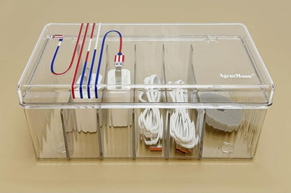AgentMoon Clear Acrylic Cable Organizer Box with Lid, 6 Storage Slots,Color Lable Desktop Accessories Storage Box with 60 inches Cuttable Magic Lashing Straps (1PCS)