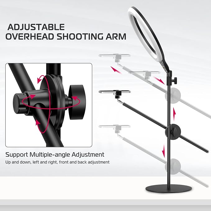 ULANZI Overhead Phone Mount Tripod with Light, 3500k-6500K 10" Desk Ring Light with Stand and Phone Holder for Video Recording, Zoom Meeting, Make Up, Cooking, Selfie, Live Streaming, Tiktok, YouTube