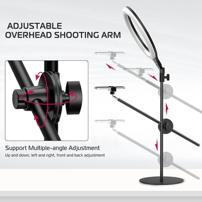 ULANZI Overhead Phone Mount Tripod with Light, 3500k-6500K 10" Desk Ring Light with Stand and Phone Holder for Video Recording, Zoom Meeting, Make Up, Cooking, Selfie, Live Streaming, Tiktok, YouTube