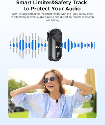 BOYA Magic USB-C Wireless Lavalier Microphone, 30Hrs Battery,328FT Los Range, Safety Track&Limiter, Ai Noise Reduction Type-C Wireless Lapel Mini Mic for Android iPhone 17/16 Audio Video Live YouTube