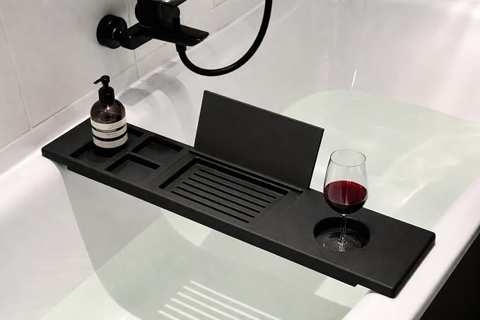 NextForm3D Minimalist Bathtub Caddy Tray, Waterproof PETG Bath Tray with Phone Holder and Wine Glass Slot, Modern Spa Bath Shelf, 70cm (Black, Large 85CM)