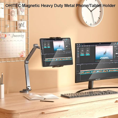 Magnetic Heavy Duty Metal Phone/Tablet Holder for Bed Adjustable Foldable Stand for Desk Aluminum Universal Lazy Bracket 360° Rotation Flexible Long Arm (Grey, Magnetic)
