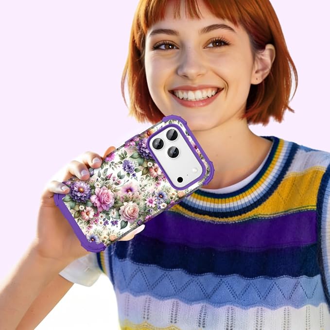Hocase for iPhone 17 Pro Max Case, Heavy Duty Shockproof Protection Soft Silicone Rubber+Hard Plastic Bumpers Hybrid Protective Case for iPhone 17 Pro Max 2025 - Purple Pink Flowers