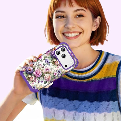 Hocase for iPhone 17 Pro Max Case, Heavy Duty Shockproof Protection Soft Silicone Rubber+Hard Plastic Bumpers Hybrid Protective Case for iPhone 17 Pro Max 2025 - Purple Pink Flowers