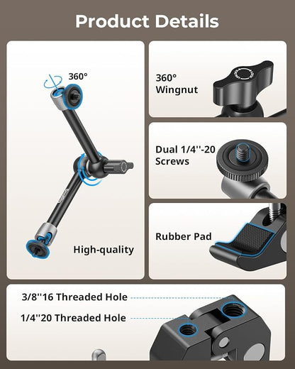 SMALLRIG Clamp w/ 1/4" and 3/8" Thread and 9.8 Inches Adjustable Friction Power Articulating Magic Arm with 1/4" Thread Screw for LCD Monitor/LED Lights - KBUM2732B