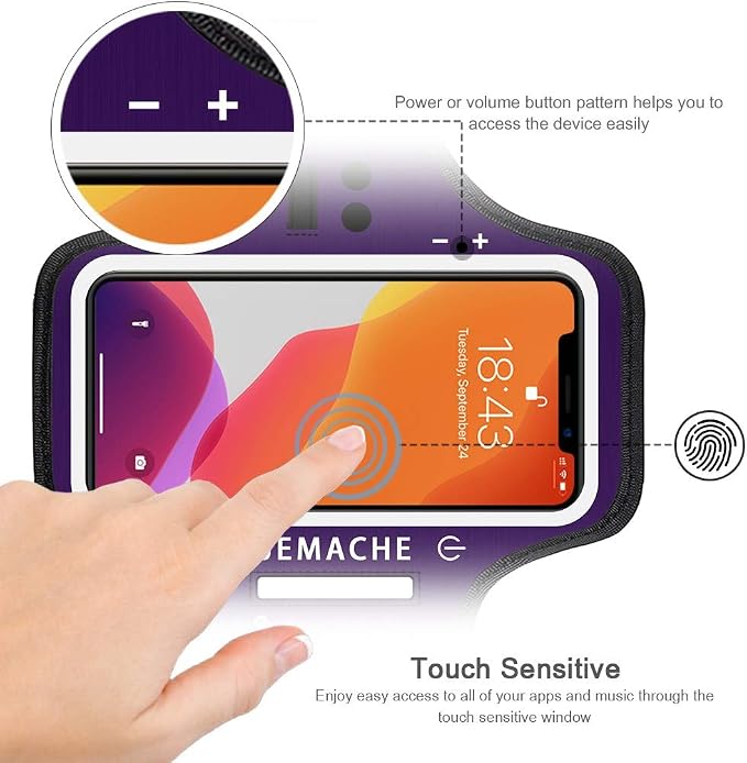 iPhone 17 16 Pro Armband, JEMACHE Gym Workouts Running Arm Band for iPhone 17/16/15/14/13 Pro with Airpods Holder (Purple)