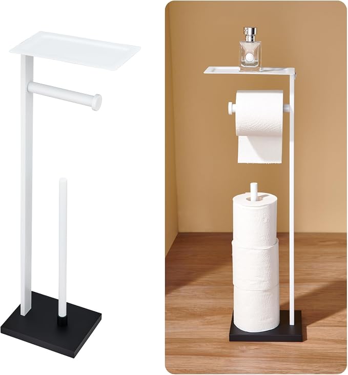 Freestanding Toilet Paper Holder Stand–Stainless Steel Bathroom Tissue Holder with Storage Tray & Roll Organizer (White & Black)