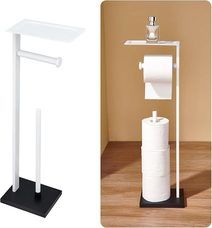 Freestanding Toilet Paper Holder Stand–Stainless Steel Bathroom Tissue Holder with Storage Tray & Roll Organizer (White & Black)