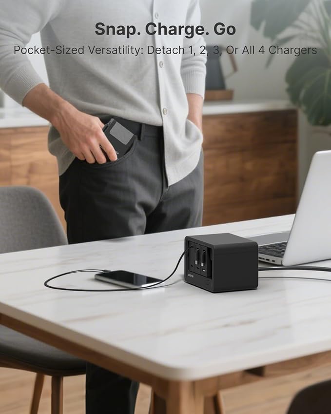 Gitryin 12-in-1 Desktop Charging Station with 3 Retractable Type-C Chargers and 1 Lightning Charger, 160W USB-C Charging Hub with 33.5in Cable, 4 AC, 1 USB A Port, 3 USB C Ports