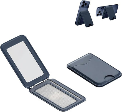 Upgraded for Magsafe Wallet, Strong Magnetic Phone Wallet with Adjustable Stand, Built in Makeup Mirror, 5 Card Holder, RFID Blocking (Deep Blue Fold)