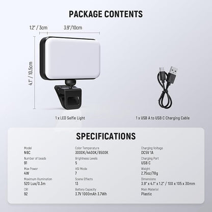 NEEWER Entry Level Version LED RGB Selfie Light, 91 LEDs Plastic Clip on Phone Fill Lighting for iPhone, 20 Effects CRI92 1000mAh, for Computer Webcam Laptop Zoom Video Conference Recording, N6C