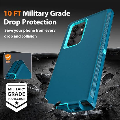 for Samsung Galaxy S22 Ultra Case with 2Pcs Self Healing Flexible TPU Screen Protector & Camera Lens Protector, 3 in 1 Heavy Duty Shockproof/Drop Proof/Dust Proof Case (Blue/Turquoise)
