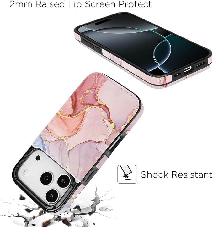 uCOLOR for iPhone 17 Pro Wallet Case with Card Holder PU Leather RFID Blocking Design iPhone 17 Pro flip case for Women Men Magnetic Clasp Kickstand Design 6.3 inch (Pink Purple Marble)