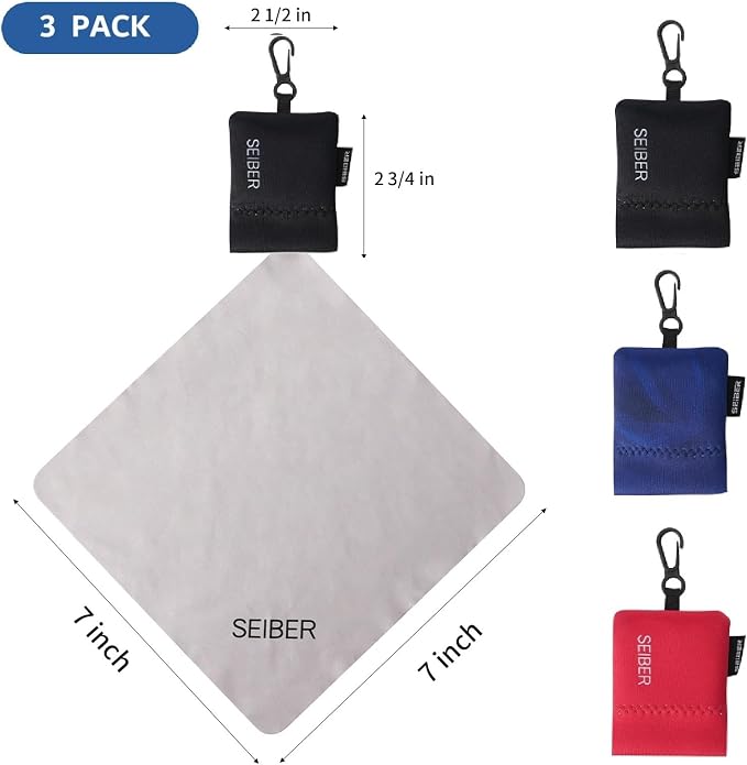 SEIBER Eyeglass Cleaning Microfiber Cloth,7 x 7 inch Glasses Cloth for Sunglasses,Laptops, Cameras,Screen- with Neoprene Pouch,Self-Closing Bottom(3PCS,BKBlueRed)