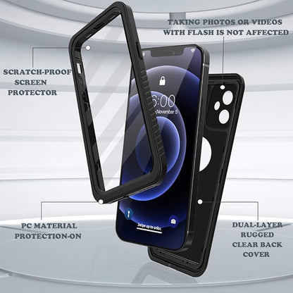 Diverbox for iPhone 12 Waterproof Case,Waterproof Shockproof Dustproof IP68 Full-Body Hard Case Built-in Screen Protector Underwater Outdoor Waterproof Cover for iPhone 12,6.1 in (Back Black)