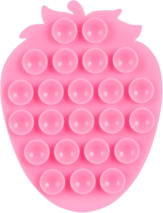 Silicone Phone Grip, 23 Suction Cups, Suitable for Selfies and Videos on Mirrors, bathrooms and Smooth Surfaces, Compatible with iPhone, Samsung, etc. (Strawberry Shaped, Pink)