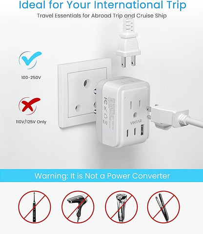2 Pack US to India Plug Adapter, VINTAR Foldable India Power Adapter with 2 Outlets and 3 USB Ports(2 USB C), 5 in 1 Type D Plug Adapter for US to India Bangladesh Maldives Pakistan Sri Lanka