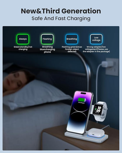 DUMTERR 3 in 1 Wireless Charger for iPhone 16/15/14/13/12/11/Pro/Max/XS, Wireless Charging Station for Apple Devices, Charging Stand for Apple Watch Series S10, for AirPods 4/3/2/Pro/Pro 2(White)