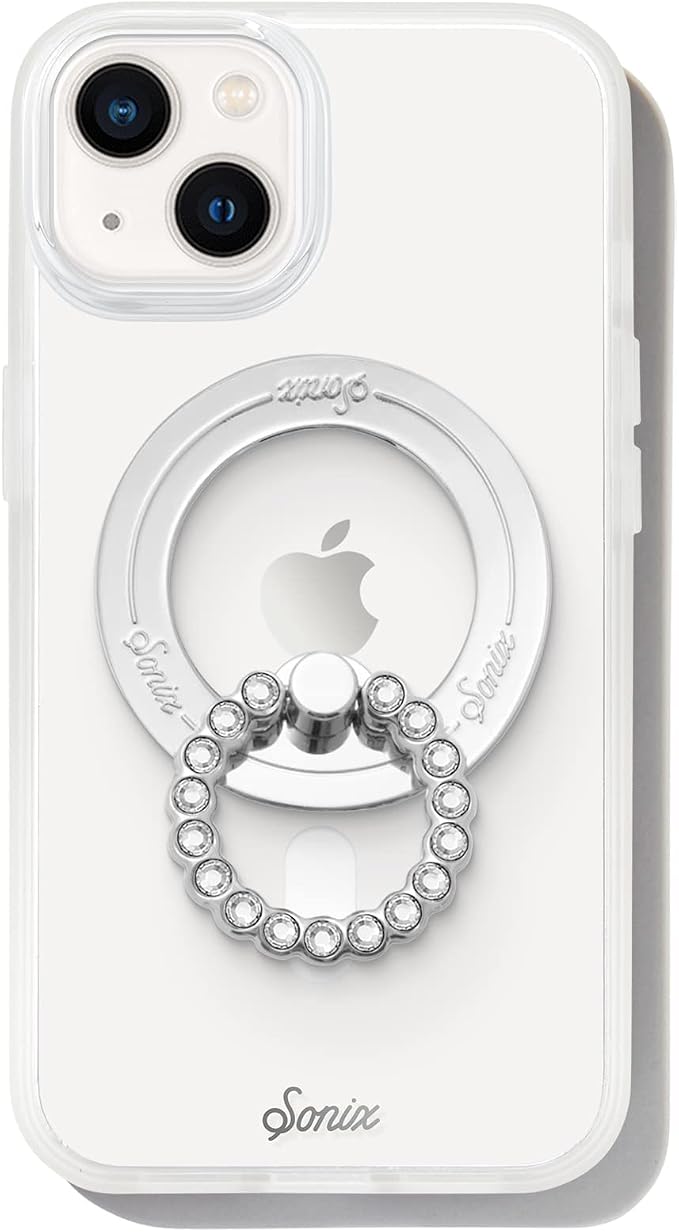 Sonix Magnetic Phone Grip and Phone Ring Holder - Compatible with MagSafe - Rotatable Kickstand and Phone Holder for iPhone 16, 15, 14, 13, 12 Series - Silver/Clear Rhinestone