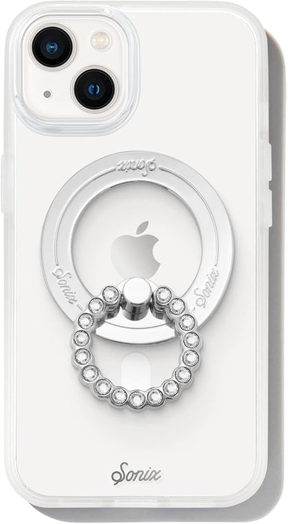 Sonix Magnetic Phone Grip and Phone Ring Holder - Compatible with MagSafe - Rotatable Kickstand and Phone Holder for iPhone 16, 15, 14, 13, 12 Series - Silver/Clear Rhinestone