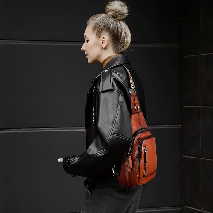 HESHE Leather Sling Bag for Women Crossbody Bags with Multi-Pocket Stylish Fanny Packs for Travel Chest Bag