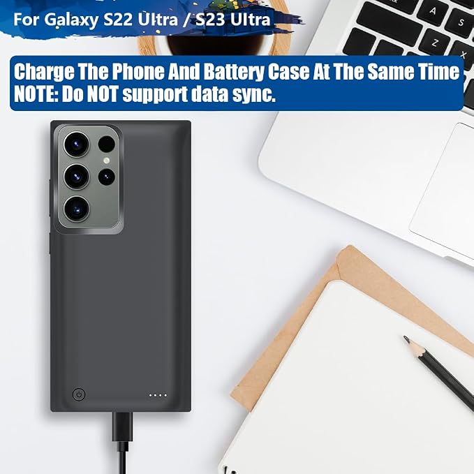 Battery Case for Samsung Galaxy S23 Ultra / S22 Ultra, 10000mAh Rechargeable Extended Battery Charging Charger Case, Add 130% Extra Juice (6.8 Inches) Black