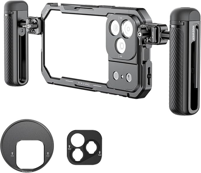 NEEWER Phone Cage Kit Compatible with iPhone 17 Pro Only, Video Rig Stabilizer Accessories with 67mm Filter Ring, 17mm Lens Backplate, T Mount Adapter, Two Quick Release Handles, PA143 (Black)