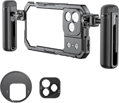 NEEWER Phone Cage Kit Compatible with iPhone 17 Pro Only, Video Rig Stabilizer Accessories with 67mm Filter Ring, 17mm Lens Backplate, T Mount Adapter, Two Quick Release Handles, PA143 (Black)