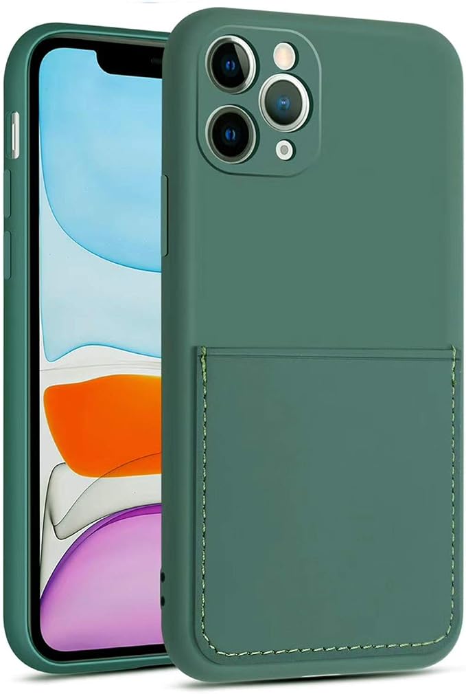 Ultra Slim Liquid Silicon Gel Case Compatible for iPhone 11 Pro 5.8 inch 2019 with Card Holder Sleeves Slot Anti-Scratch Shockproof Wallet Cover with Screen Protecto(Pine Green)