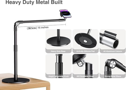 elitehood Heavy Duty Aluminum Overhead Phone Stand, 15 in Long Arm iPhone Holder for Video Recording, 360 Degrees Swivel Tilt Overhead Phone Mount for Filming, Meeting, Cooking, Painting and Crafting