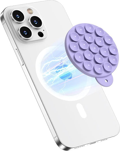 Magnetic Suction Cup Phone Mount with MagSafe, Silicone Hands-Free Grip Holder for iPhone Case and Android, Mirror Shower Phone Stand for Makeup FaceTime Gym Kitchen Bathroom, Lilac Purple