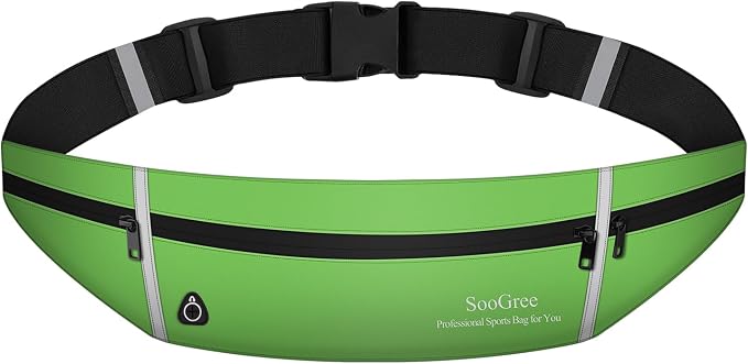 SooGree Slim Running Belt Sport Fanny Pack for Women Men,Outdoor Reflective Waist Pack Runner Pouch Belt, Zipper Waterproof Running Phone Holder Jogging Pouch for Phone Money Belt Waist Bag (Green)