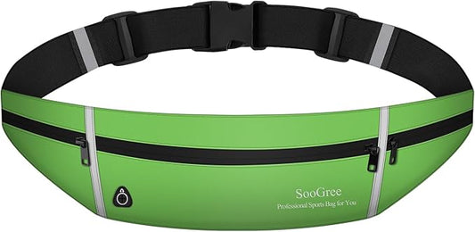 SooGree Slim Running Belt Sport Fanny Pack for Women Men,Outdoor Reflective Waist Pack Runner Pouch Belt, Zipper Waterproof Running Phone Holder Jogging Pouch for Phone Money Belt Waist Bag (Green)