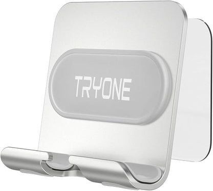 Tryone Wall Mount Cell Phone Holder - Mirror Adjustable Cellphone Stand with 2Pcs Adhesive Sticky Pads for Bathroom Bedroom Kitchen or Dorm, Compatible with iPhone Series or Other Smartphones