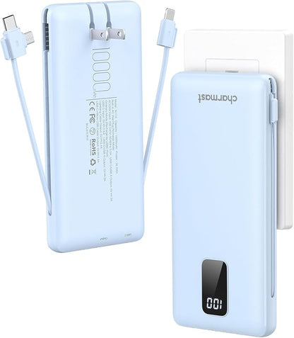 charmast Portable Charger with Built-in Cables and Wall Plug, 10000mAh USB C Portable Power Bank, Potable Phone Charger, Travel Essentials Compatible with iPhones, Samsung Galaxy, iPad